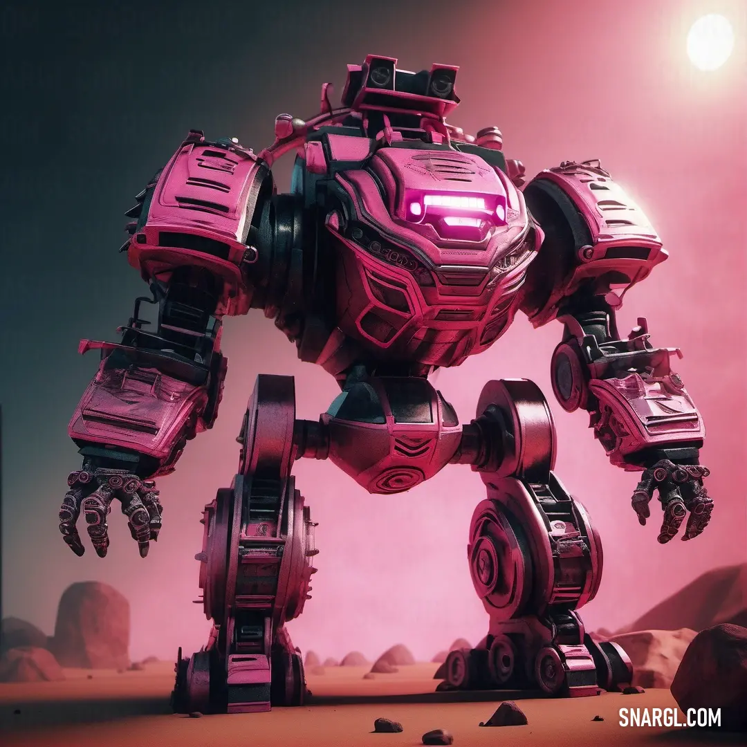 Robot with a pink light on its face and arms standing in a desert area with rocks. Color CMYK 0,78,55,13.