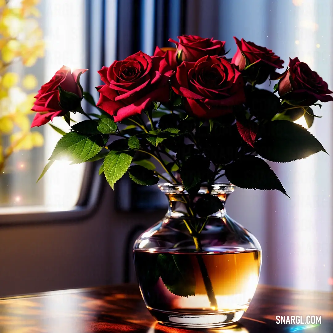 Vase filled with red roses on a table next to a window with a curtain behind it