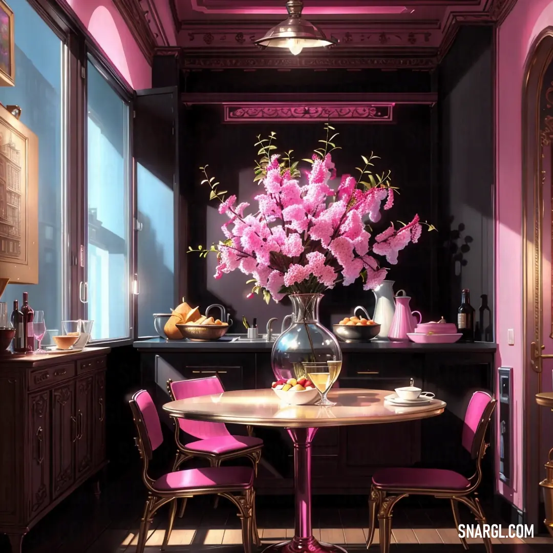 Vase of flowers on a table in a room with pink chairs and a table