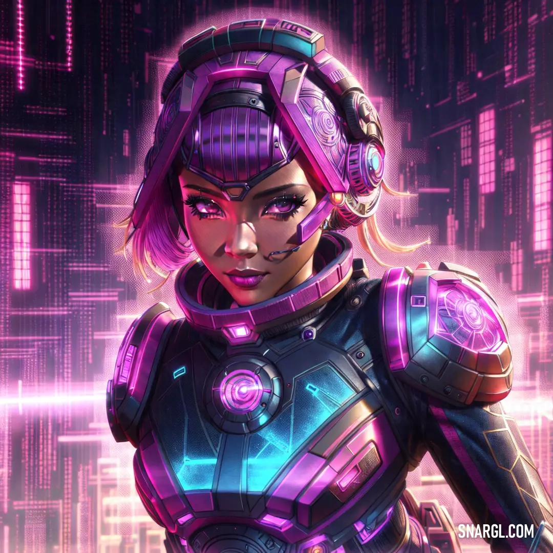 Woman in a futuristic suit with a futuristic city in the background and a neon light in the foreground