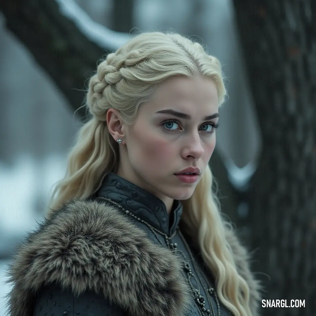 A serene figure with blonde hair and a beautifully crafted braid stands in a snowy forest, surrounded by tranquil nature, evoking an aura of peace and contemplation. In a tranquil, snow-laden forest, a fair-haired woman with an intricately styled braid gazes thoughtfully into the distance, cloaked in a serene beauty underscored by the whispering trees and a soft blanket of snow around her.