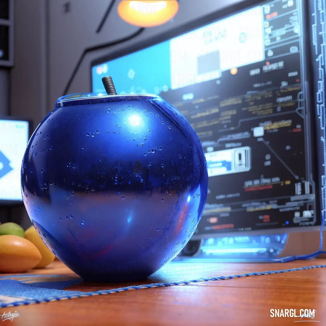 Blue apple on a table next to a computer monitor and oranges on the table in front of it
