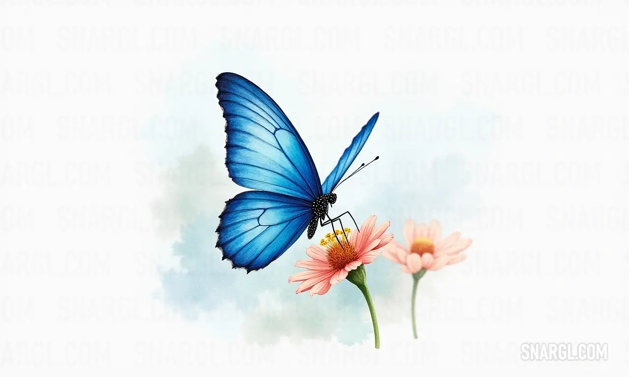 A delicate blue butterfly perches gracefully atop a pink flower, creating a breathtaking contrast against a soft white backdrop, highlighting the delicate beauty and lively colors of nature, whispering tales of spring and renewal.