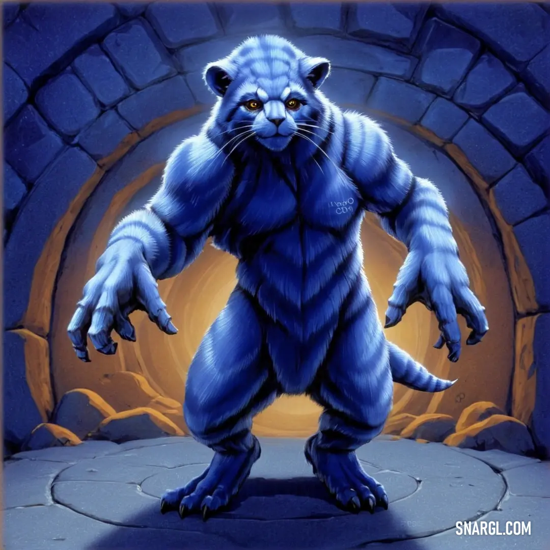 A mystical blue creature stands at the entrance of a stone tunnel, illuminated by a soft, glowing light behind it, hinting at secrets waiting to be discovered in a fantastical world.