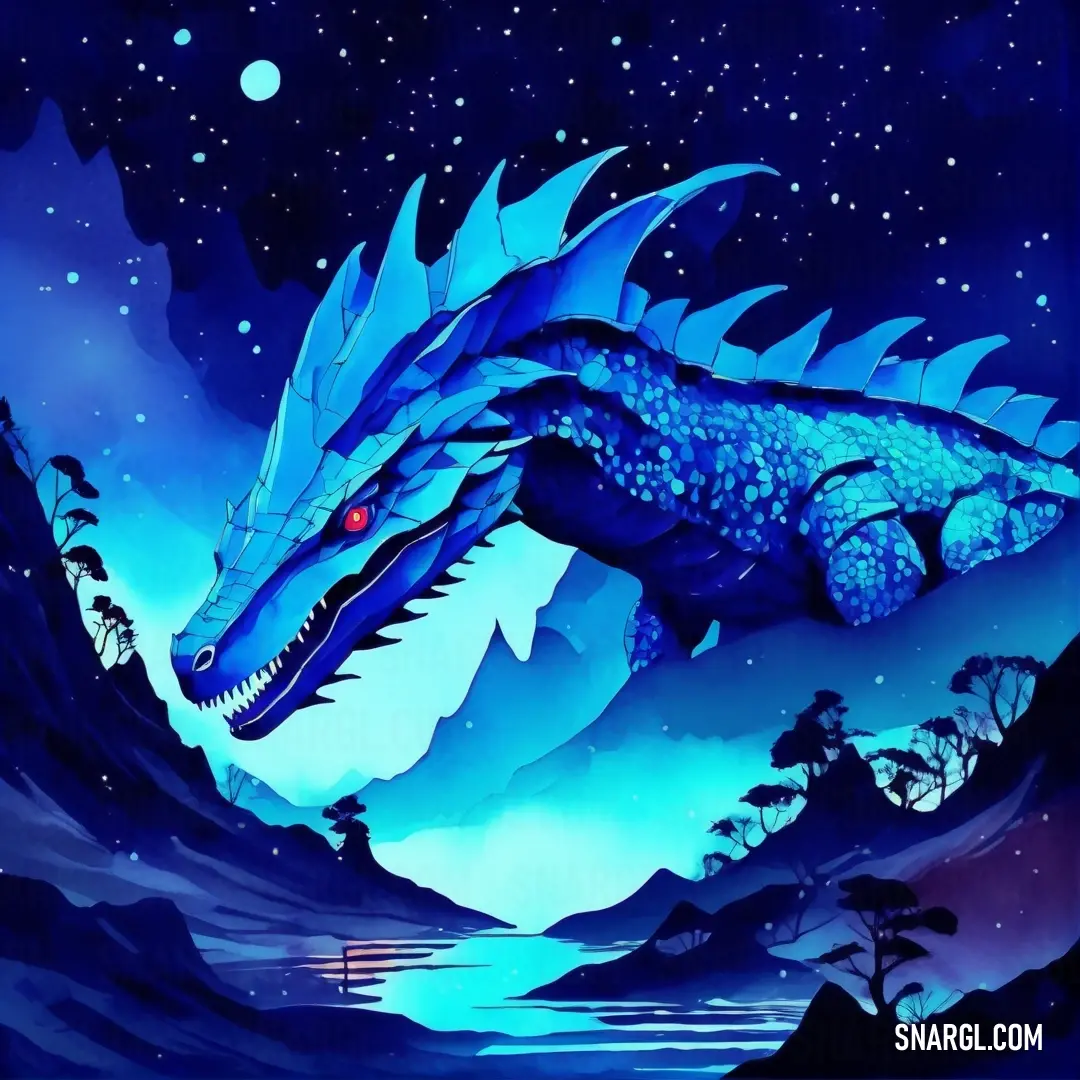 Blue dragon is flying over a body of water at night with stars in the sky above it and a mountain range in the background