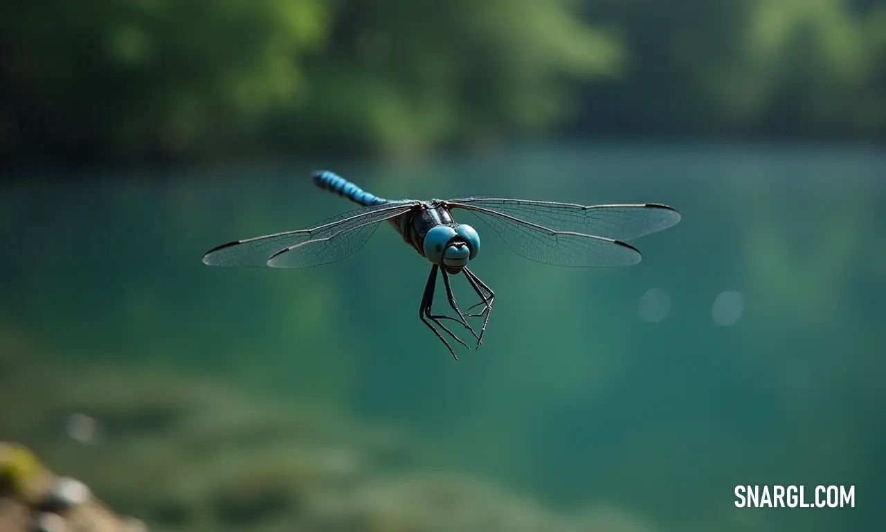 A stunning blue dragonfly flits gracefully over a shimmering body of water, surrounded by a lush backdrop of green trees, invoking a sense of tranquility and the beauty of nature's delicate wonders.