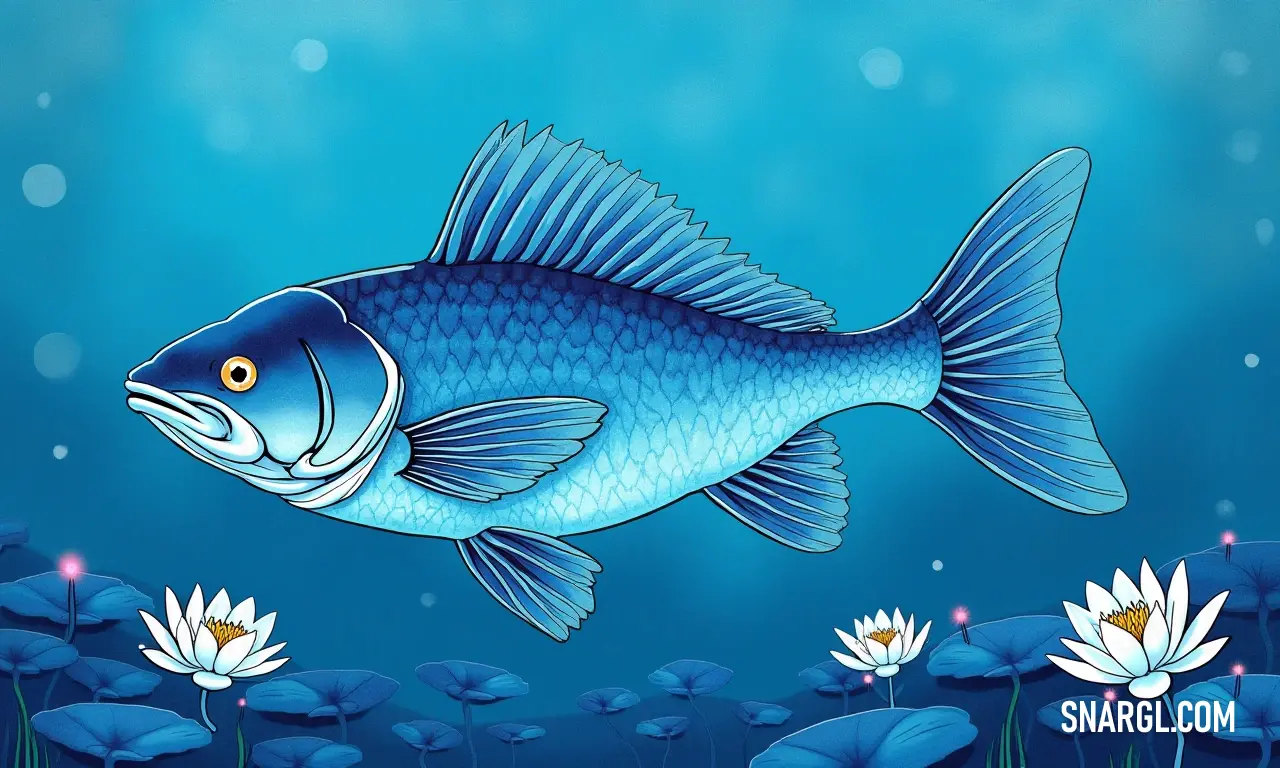 A vibrant blue fish gracefully swims among delicate white flowers, framed by a serene pond backdrop, creating a picturesque scene of nature's harmony.