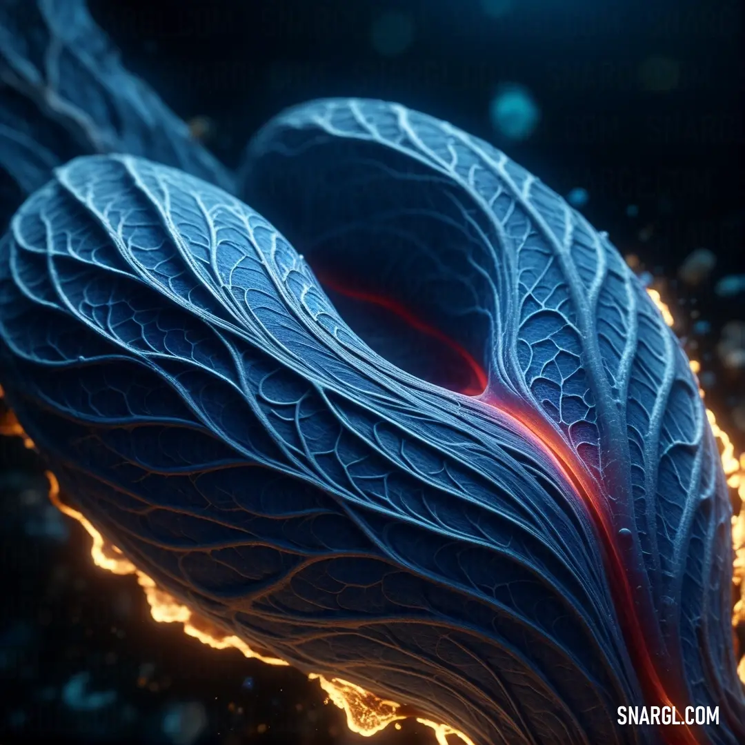 A blue leaf with a vibrant red light glowing at its center is displayed against a dark background. The contrast between the rich blue and fiery red creates an intriguing, dramatic effect.