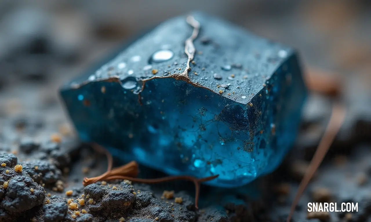 A striking blue object glistens with water droplets on its surface, reflecting the surrounding light and colors, standing as a symbol of beauty and clarity against a gentle background.