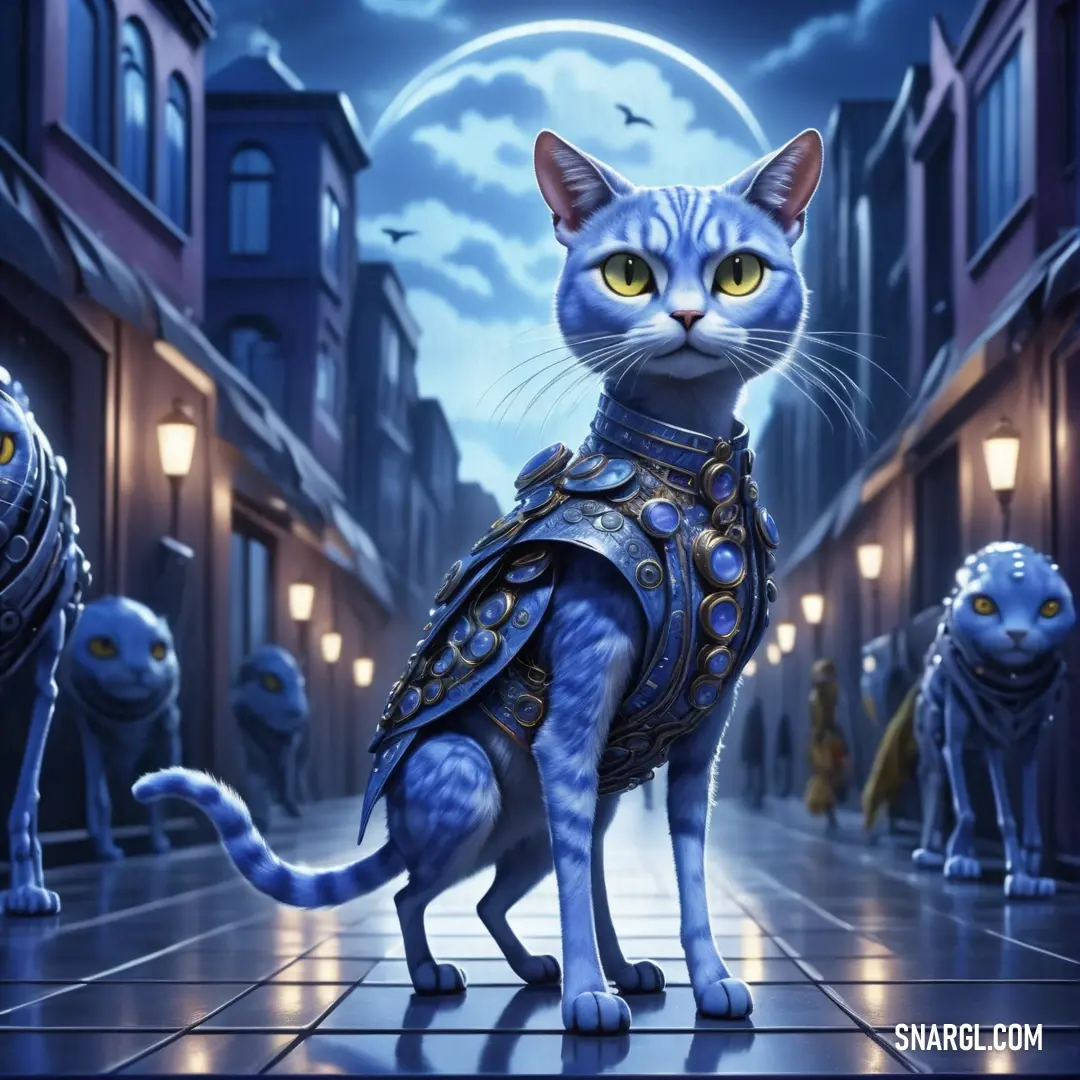 A cheerful cat dressed in shining knight armor bravely wanders through a moonlit city street, with a full moon glowing brightly overhead, casting whimsical shadows and adding magic to the night.