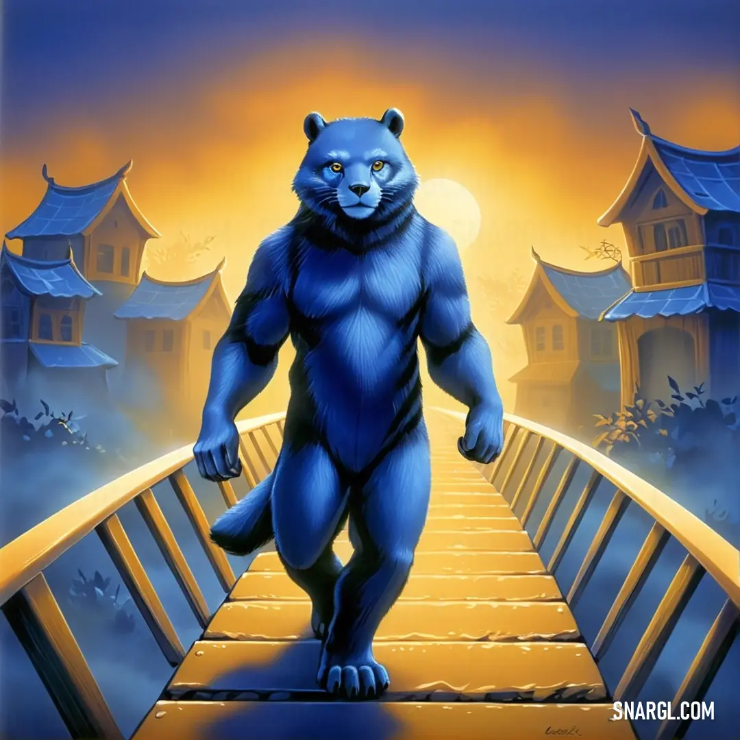 A whimsical blue bear strolls across a vibrant bridge, set against a mesmerizing full moon sky, with traditional pagodas standing proudly in the background, creating an enchanting scene of serenity and adventure.