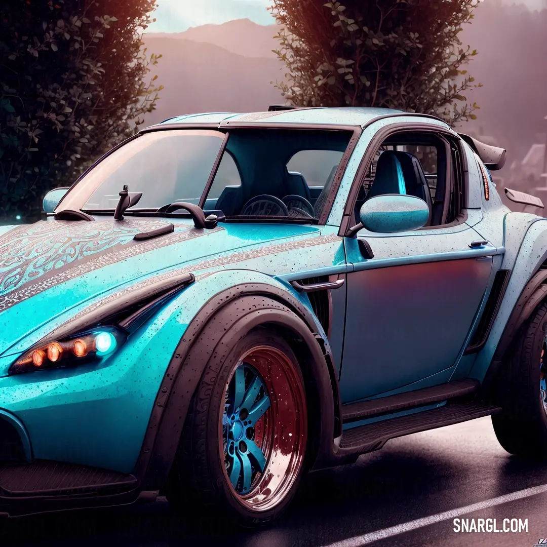 A cerulean blue car with its hood lifted sits parked on a street, surrounded by a lush forest of trees. The cool blue color contrasts beautifully with the warm natural backdrop, creating a striking visual.