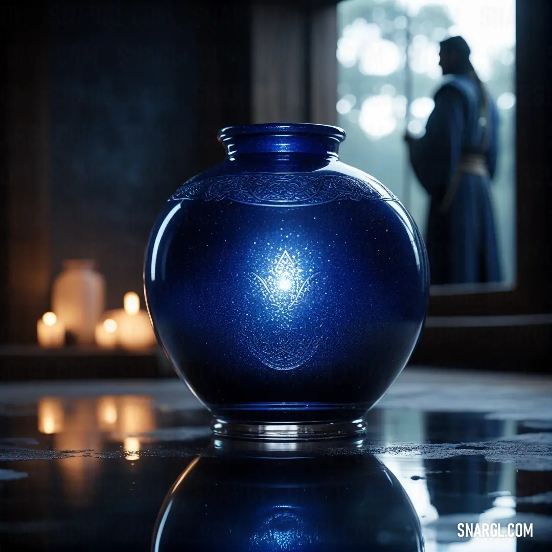 A stunning blue vase placed on a table, surrounded by flickering candles and accompanied by a statue of a person in the background. The vibrant blue of the vase contrasts beautifully with the warm glow of the candles, creating an inviting atmosphere.