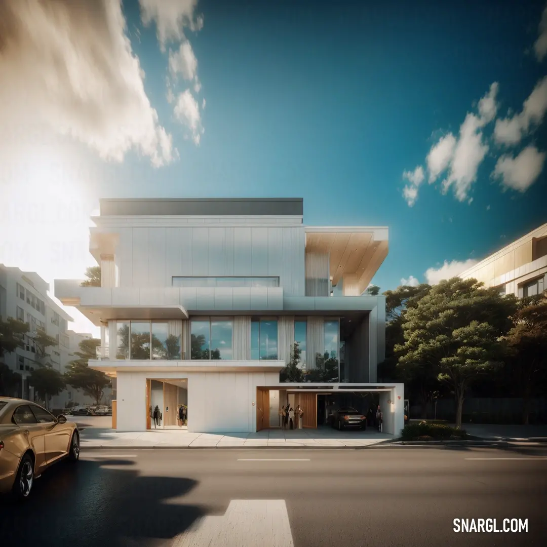 A car is parked outside a modern building with rows of windows, under a vast, clear sky. The rich blend of CMYK colors creates a dynamic and balanced composition, highlighting both the car and the building’s design.