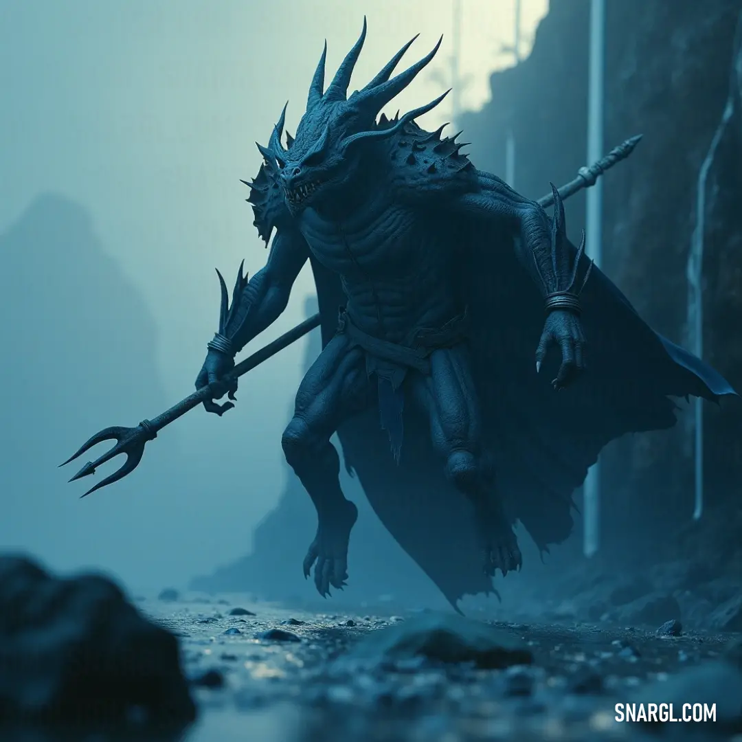 A demonic creature strides across a foggy, rocky beach, carrying a spear and draped in a flowing cape. The mist swirls around it, creating an atmosphere of danger and mysticism.