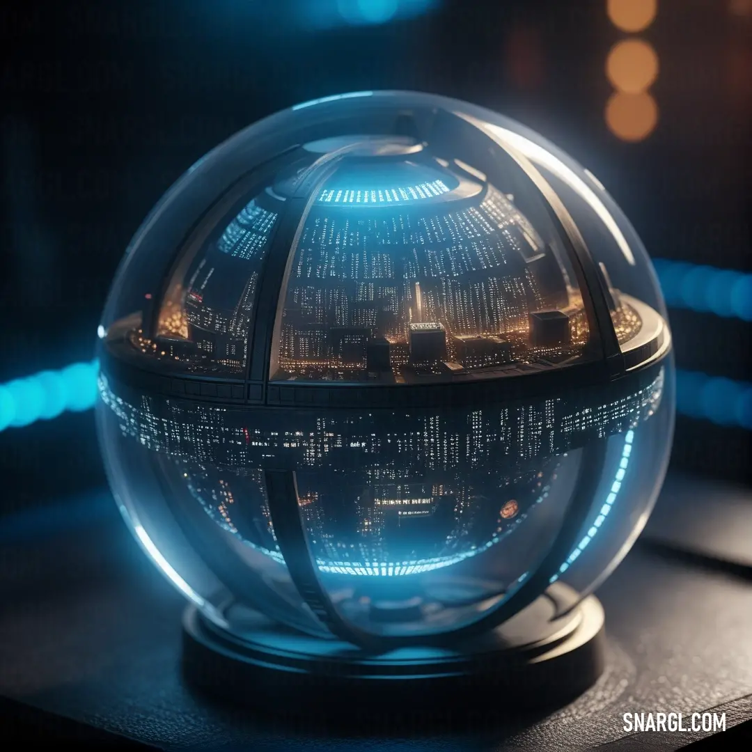 A delicate glass globe sits atop a table, showcasing a miniature city encased within it. The globe is illuminated by ambient lights in a dim room, casting soft reflections that enhance the mystery and depth of the scene.