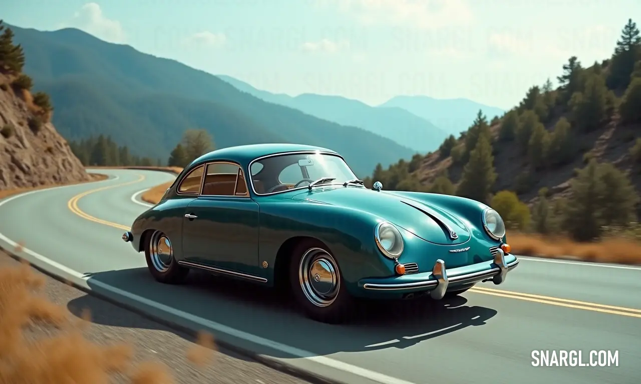 An eye-catching green car speeds along a winding road, flanked by majestic mountains and lush trees. The cobalt sky creates a striking backdrop, while the vibrant cerulean blue color adds a stunning pop to the picturesque scenery.