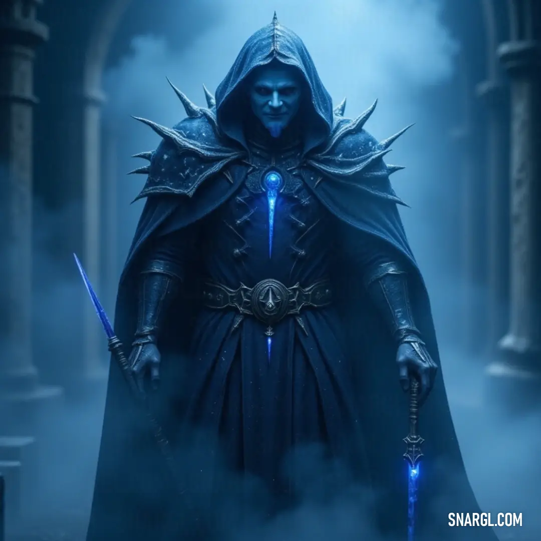 A mysterious figure in a hooded suit holds a sword, standing amidst an ancient fog-filled landscape of pillars and arches. The deep purple hue of his suit adds to the ominous and heroic atmosphere of the scene.