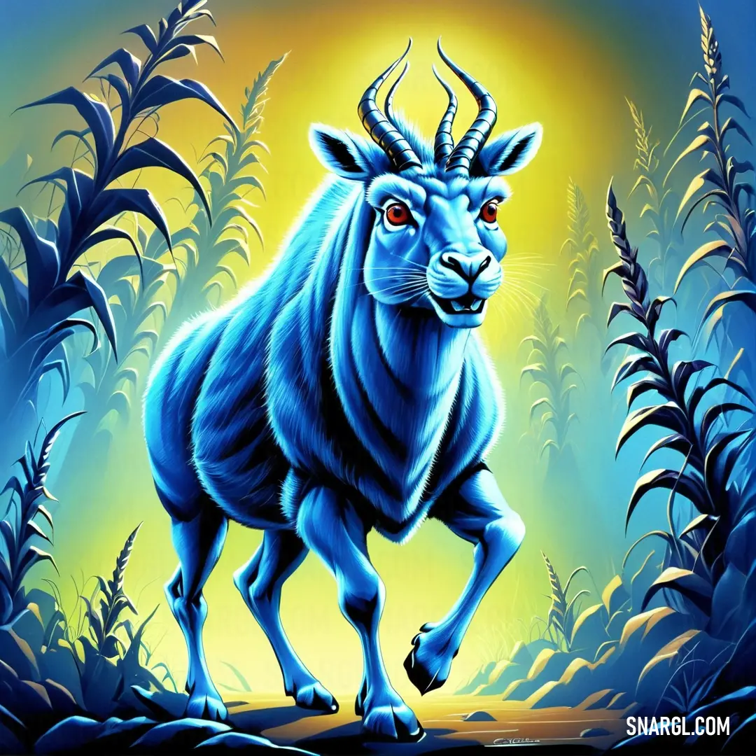 A captivating painting depicts a blue-horned creature sprinting joyfully through a lush field, set against a cheerful yellow backdrop that radiates warmth and vitality, evoking a sense of freedom.