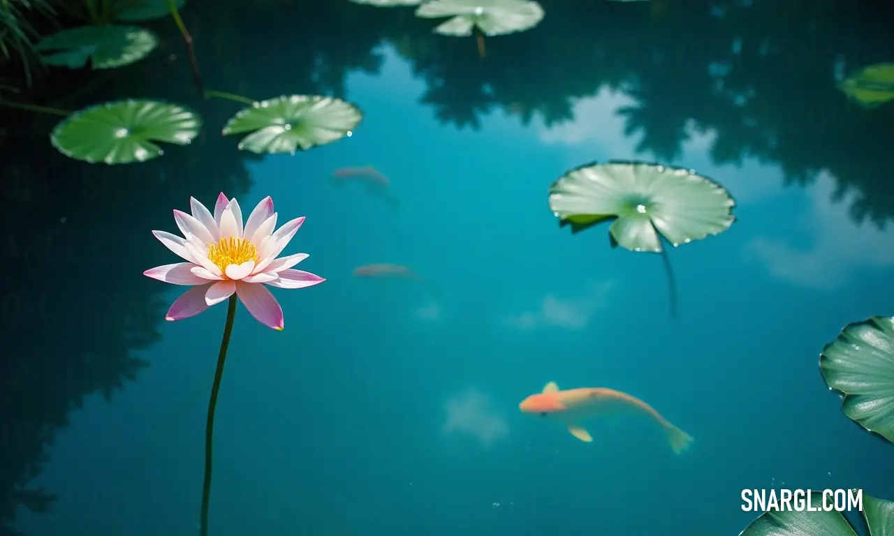 A vibrant display of nature's charm, featuring a delicate pink flower amidst shimmering water lilies, with a joyful goldfish gliding through a serene pond surrounded by lush lily pads.