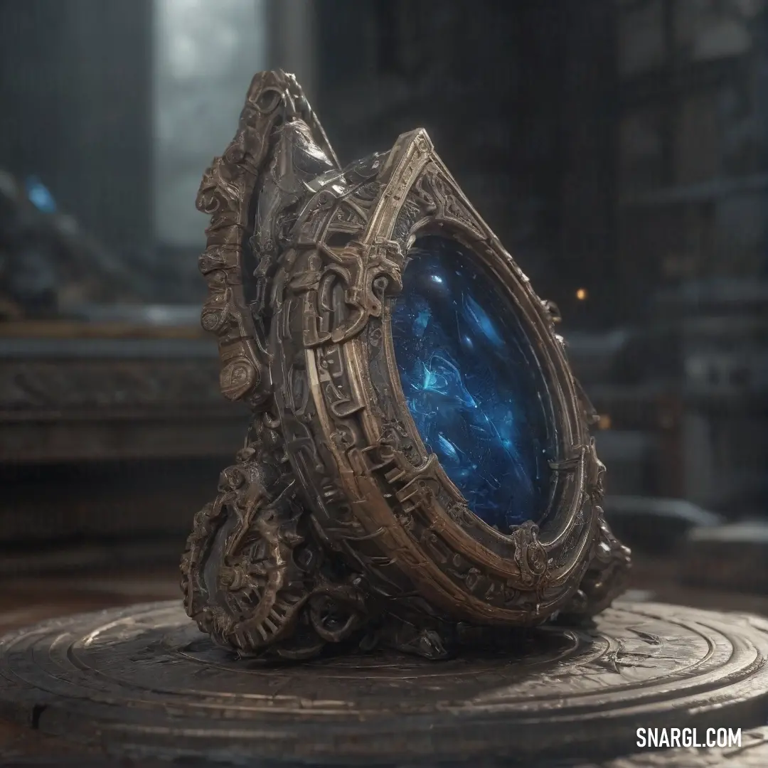 A beautiful ring featuring a blue glass stone rests on a table, set against the backdrop of a mirror and clock. The vivid Cerulean blue of the ring contrasts with the cool tones of the surrounding room, drawing the viewer’s attention.