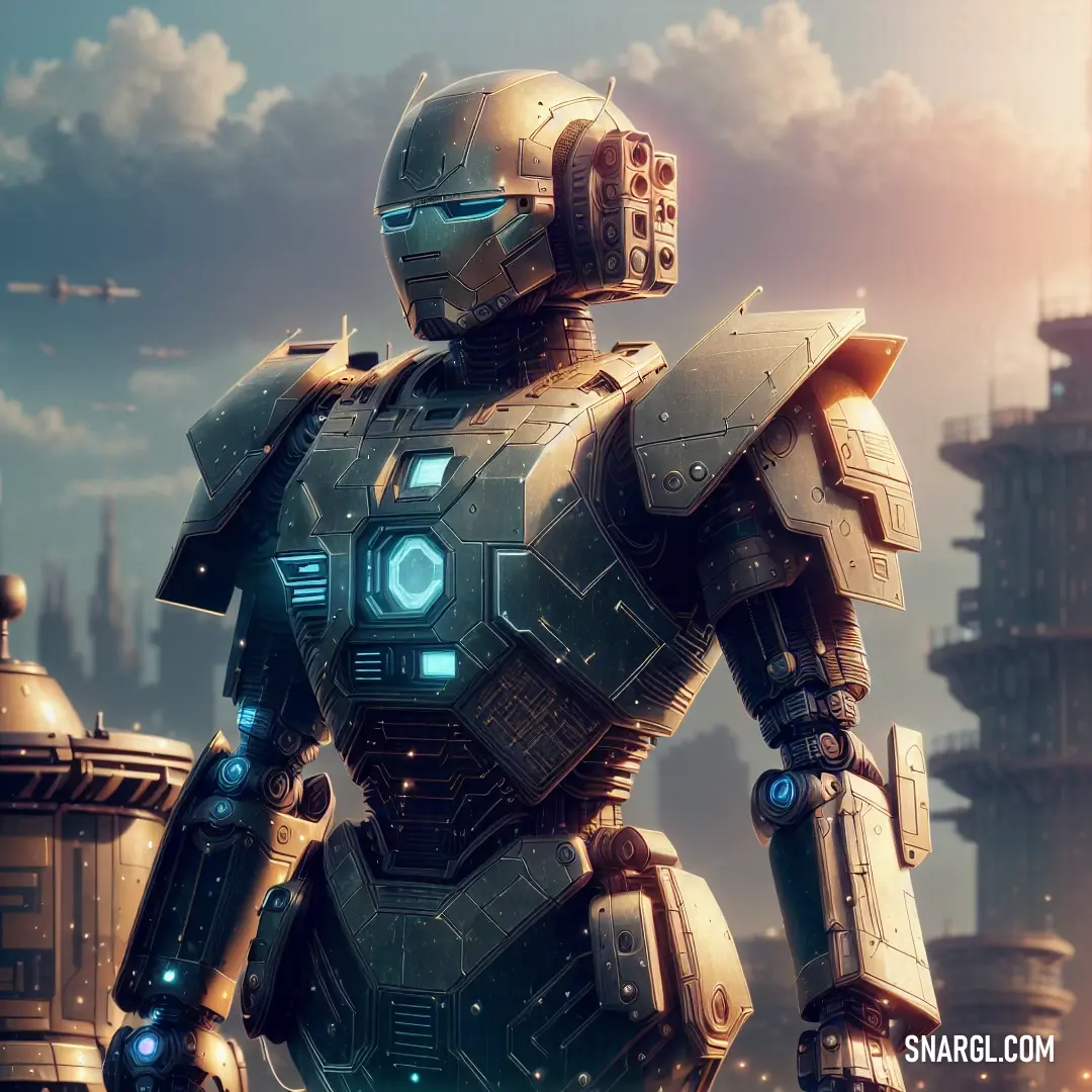 A robot stands confidently in front of a sprawling city, its sleek design and metallic surface reflecting the blue sky. The color RGB 42, 82, 190 complements the futuristic theme of the scene.