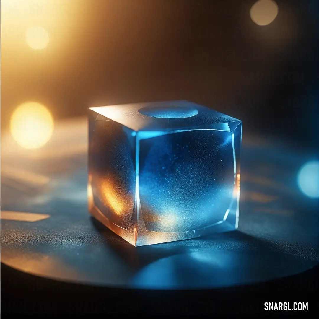 A square-shaped object with a glowing blue light at its center sits on a table, illuminated by surrounding lights. The out-of-focus background adds depth and focus to the object’s striking hue.