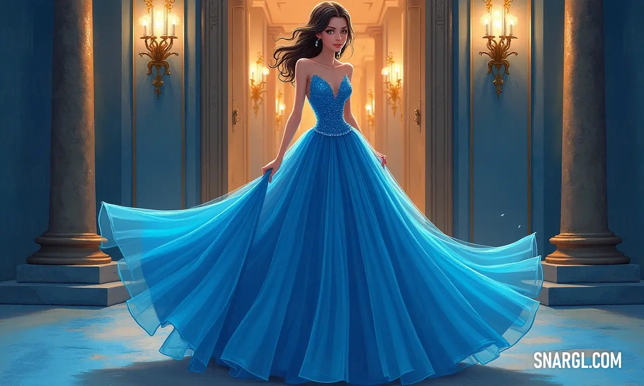 A graceful woman in a flowing blue dress stands elegantly in a softly lit hallway, with a stylish chandelier casting a warm glow in the background, creating an atmosphere of elegance and sophistication.