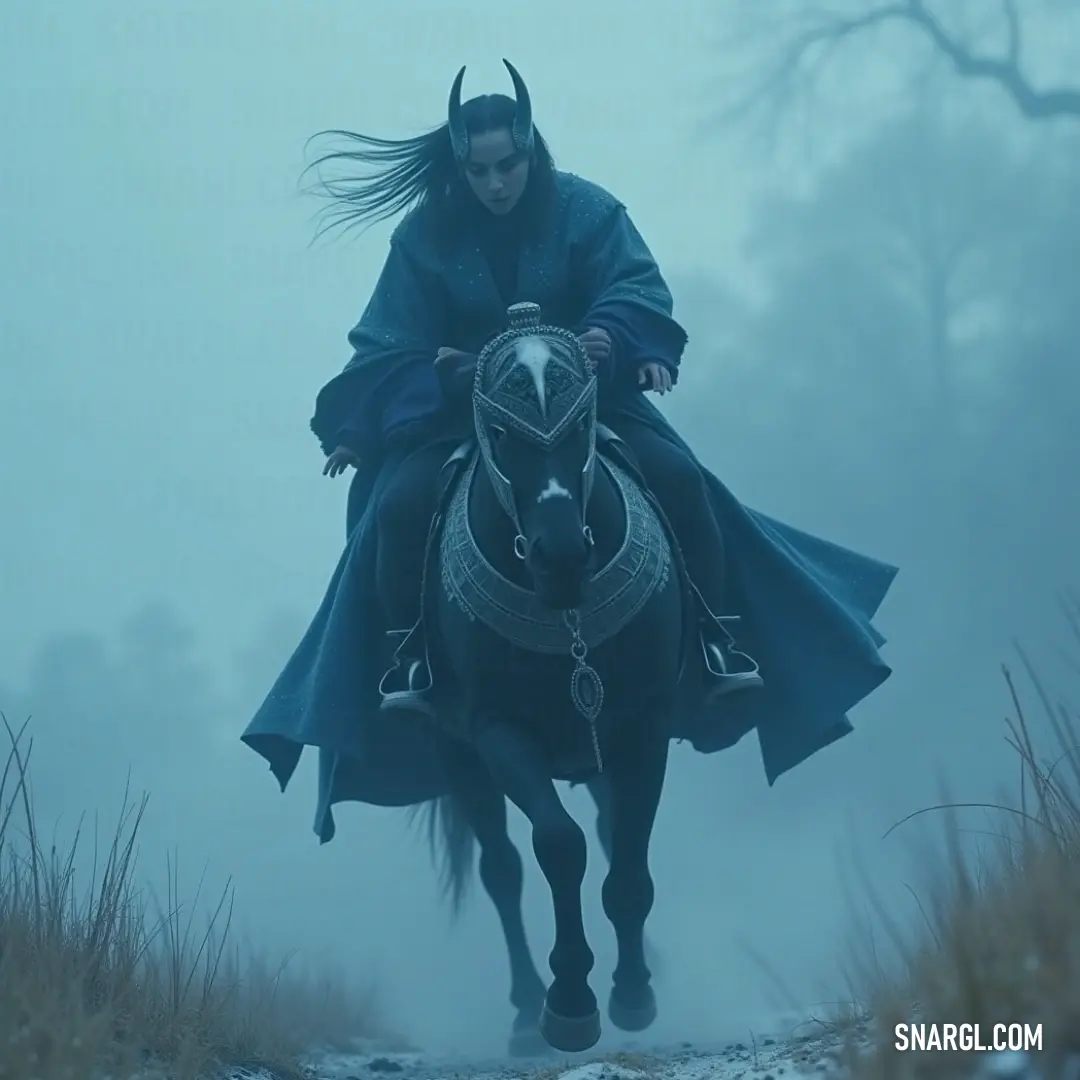 A woman rides a horse through a foggy field, a demon clinging to her back, its dark presence adding an eerie sense of mystery. Her flowing cape and the soft blue light that surrounds them enhance the surreal atmosphere of the scene.