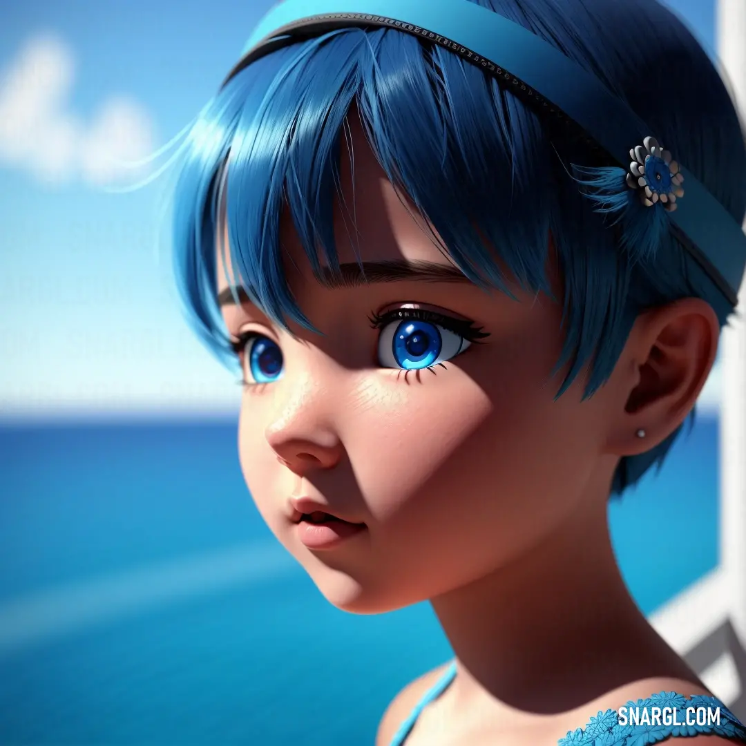 Close up of a child with blue hair and blue eyes looking out a window at the ocean