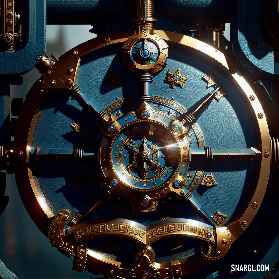 Close up of a clock  and gold accents and a blue background