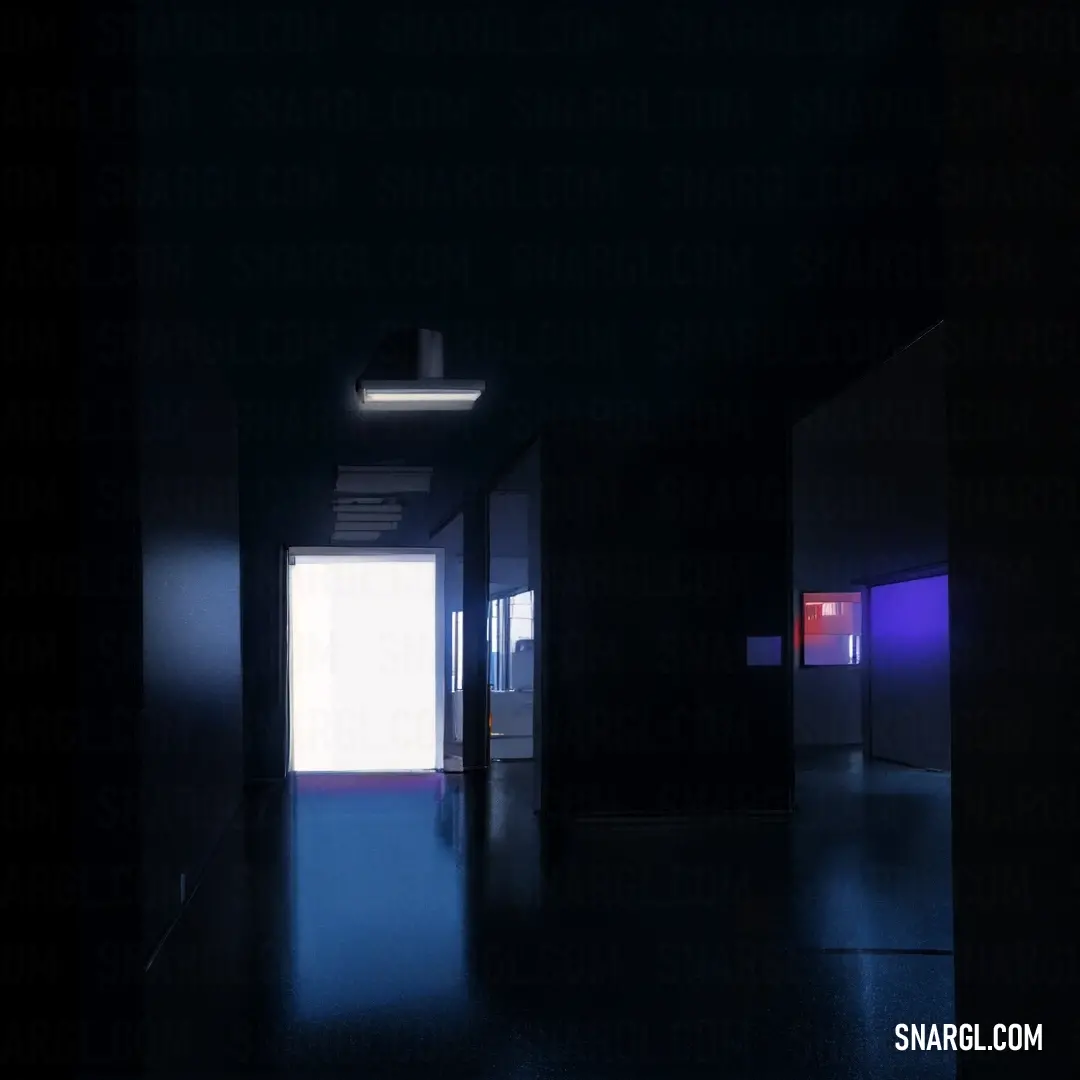 A dark hallway is illuminated by a bright cerulean blue light streaming through an open door. The contrast between the shadows and the vibrant light creates an intriguing and dynamic atmosphere.