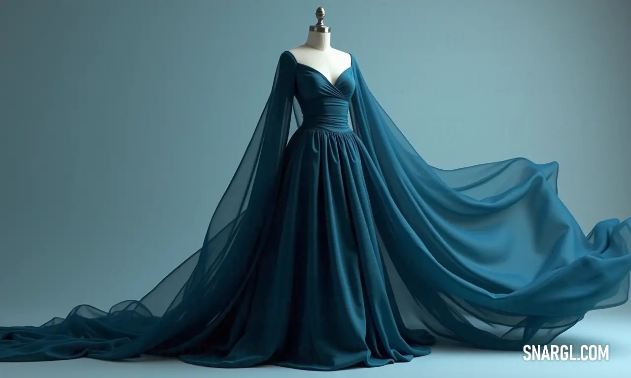 An elegantly designed dress showcased on a mannequin, featuring a flowing long veil that cascades gracefully. Another dress stands behind, reflecting timeless elegance and sophisticated fashion, highlighted in a rich cerulean blue hue.