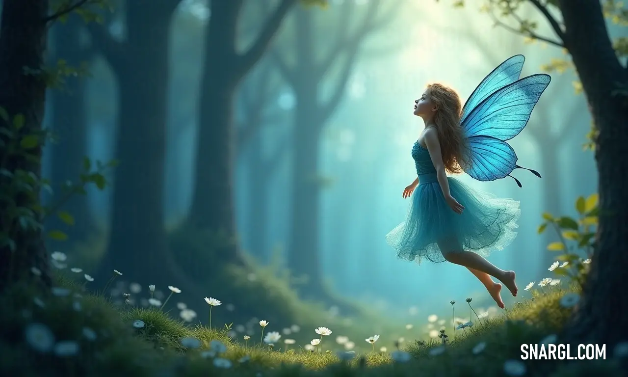 An enchanting fairy gracefully flits through a lush woodland, adorned in a flowing blue dress and delicate blue butterfly wings, encapsulating the magic of the forest.