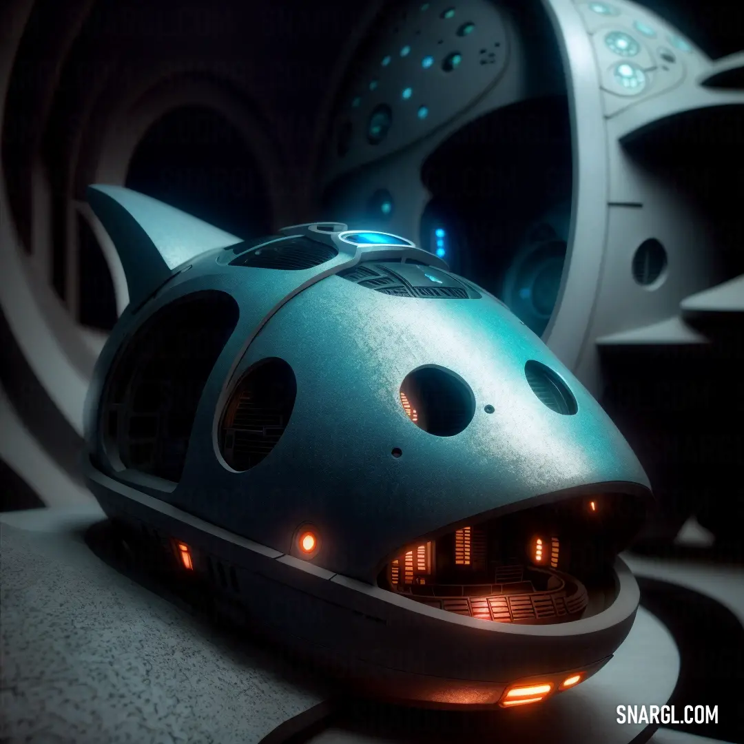 A futuristic helmet with a light sits on a table next to a wheel and clock, all bathed in a cerulean blue glow. The scene captures a sense of technological innovation, blending form and function beautifully.