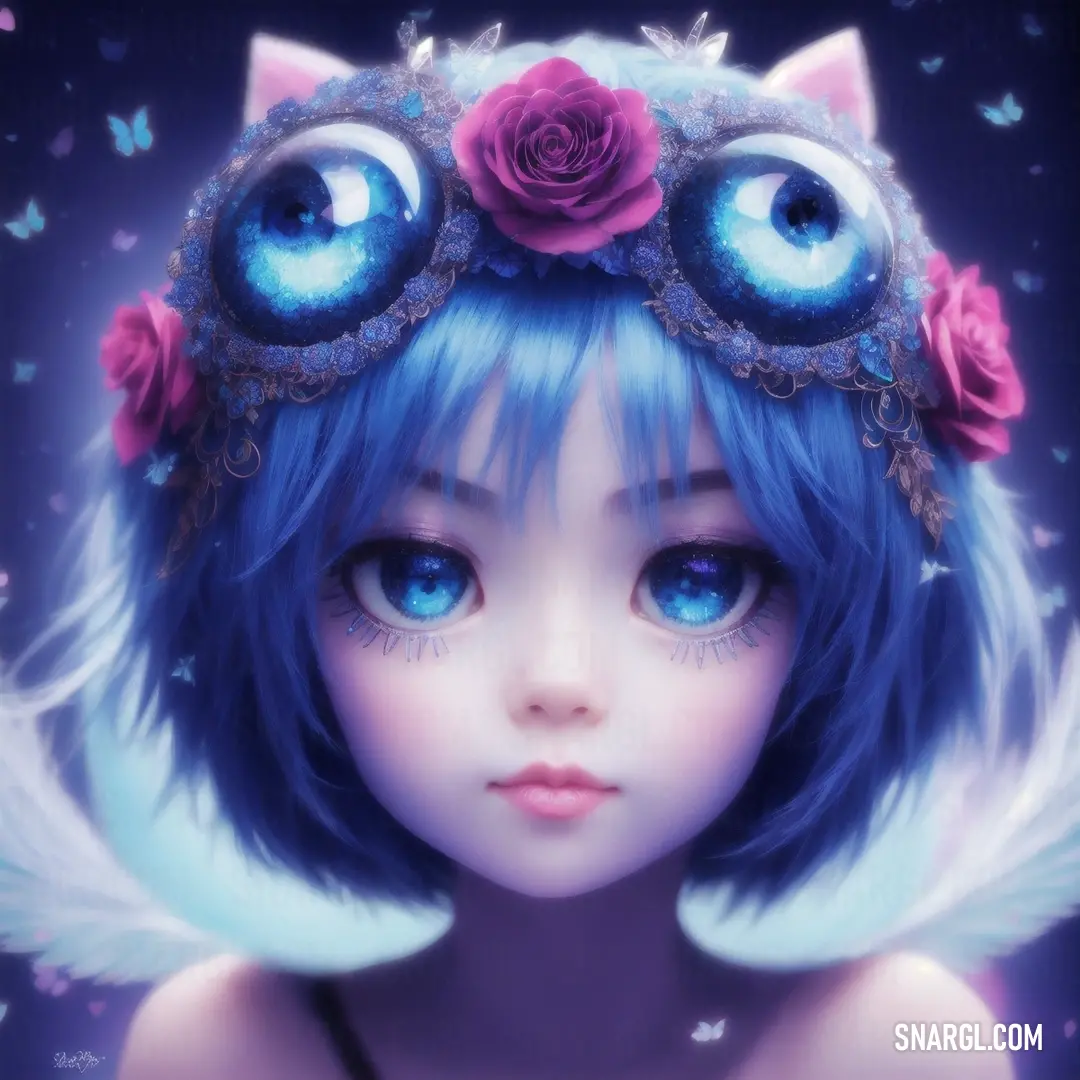 Girl with blue hair and a cat ears with eyes and a rose on her head with a butterfly on her forehead