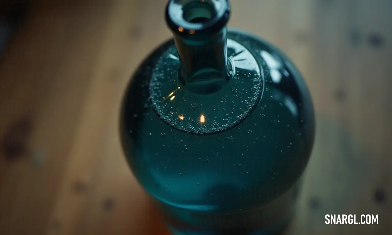 A close-up of a striking green glass bottle, its surface glistening with droplets of water, resting elegantly against a soothing backdrop, embodying simplicity and charm.