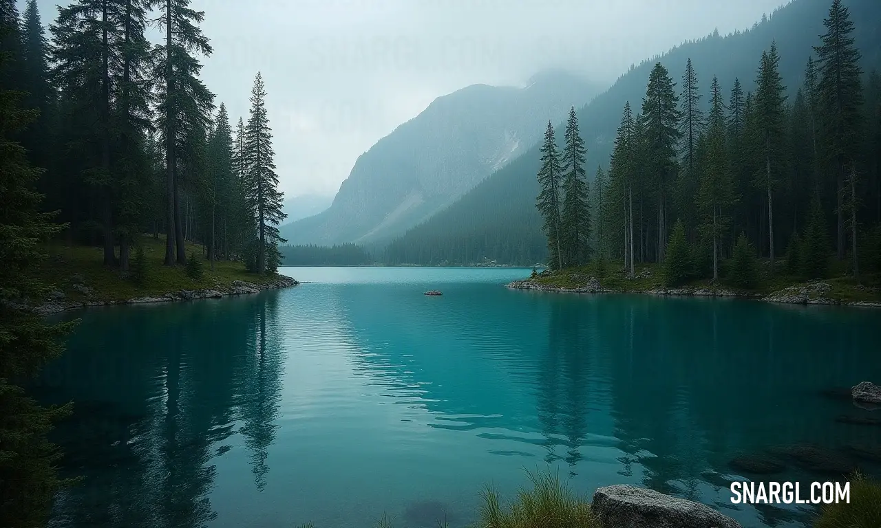 A picturesque lake, enveloped in a mystical fog, cradled by majestic mountains and dotted with vibrant trees. A small boat gently glides on the water as visitors enjoy the serene beauty of this natural paradise.