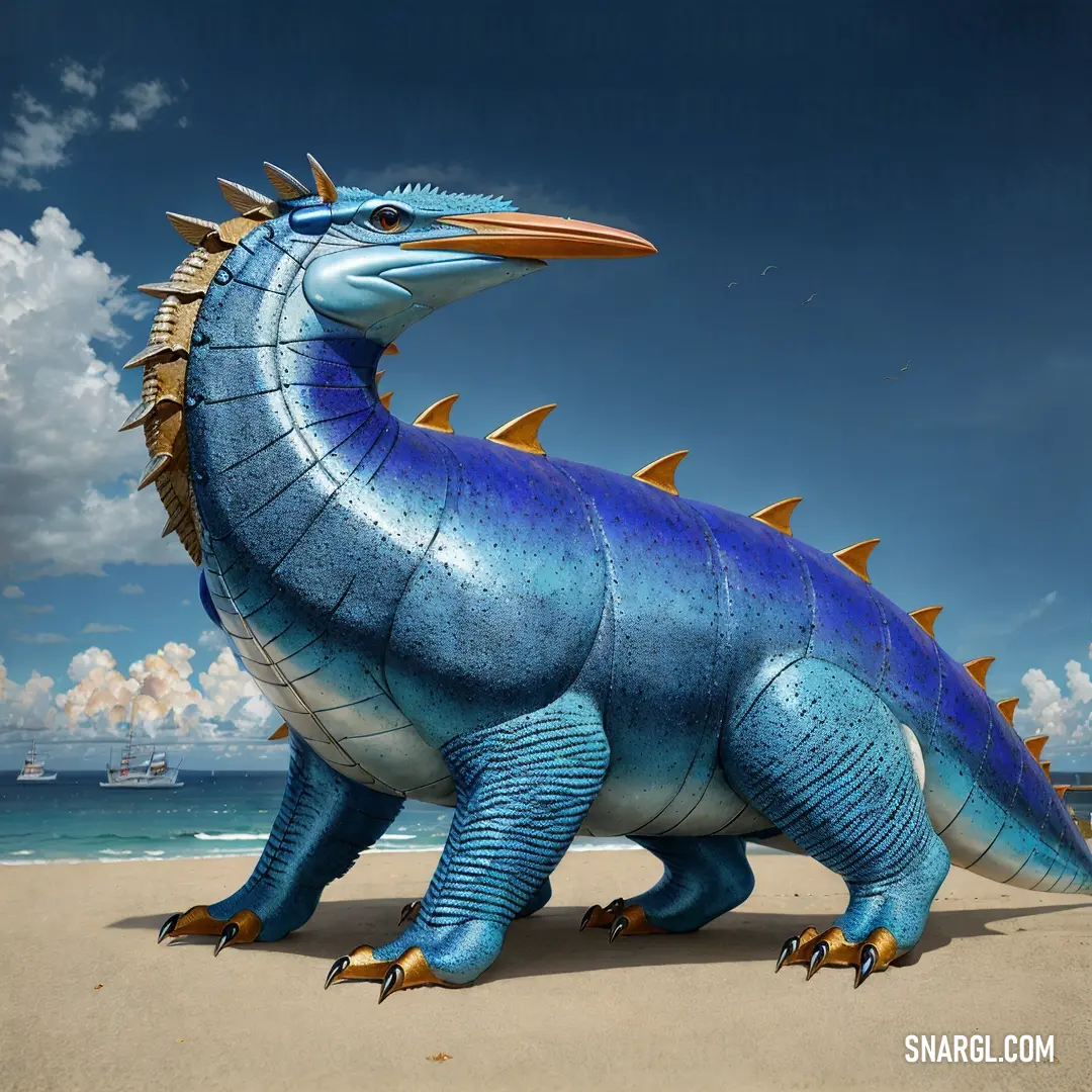 Large blue dinosaur statue on a beach near the ocean with a sailboat in the background and a blue sky with clouds