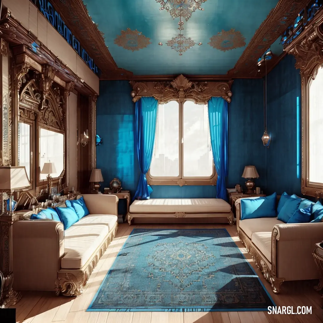 Living room with a blue ceiling and a blue rug on the floor and a couch and a chair