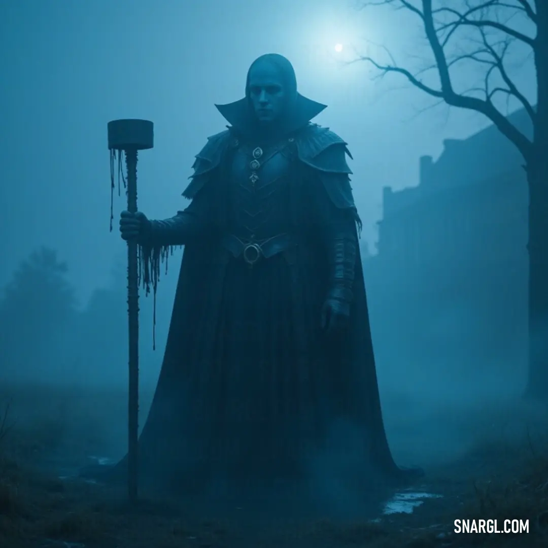 A cloaked figure holds a staff, standing in a foggy landscape with twisted trees and distant buildings. The cool tones of the scene, highlighted by the deep blue of his robe, add to the mystical and ominous atmosphere.