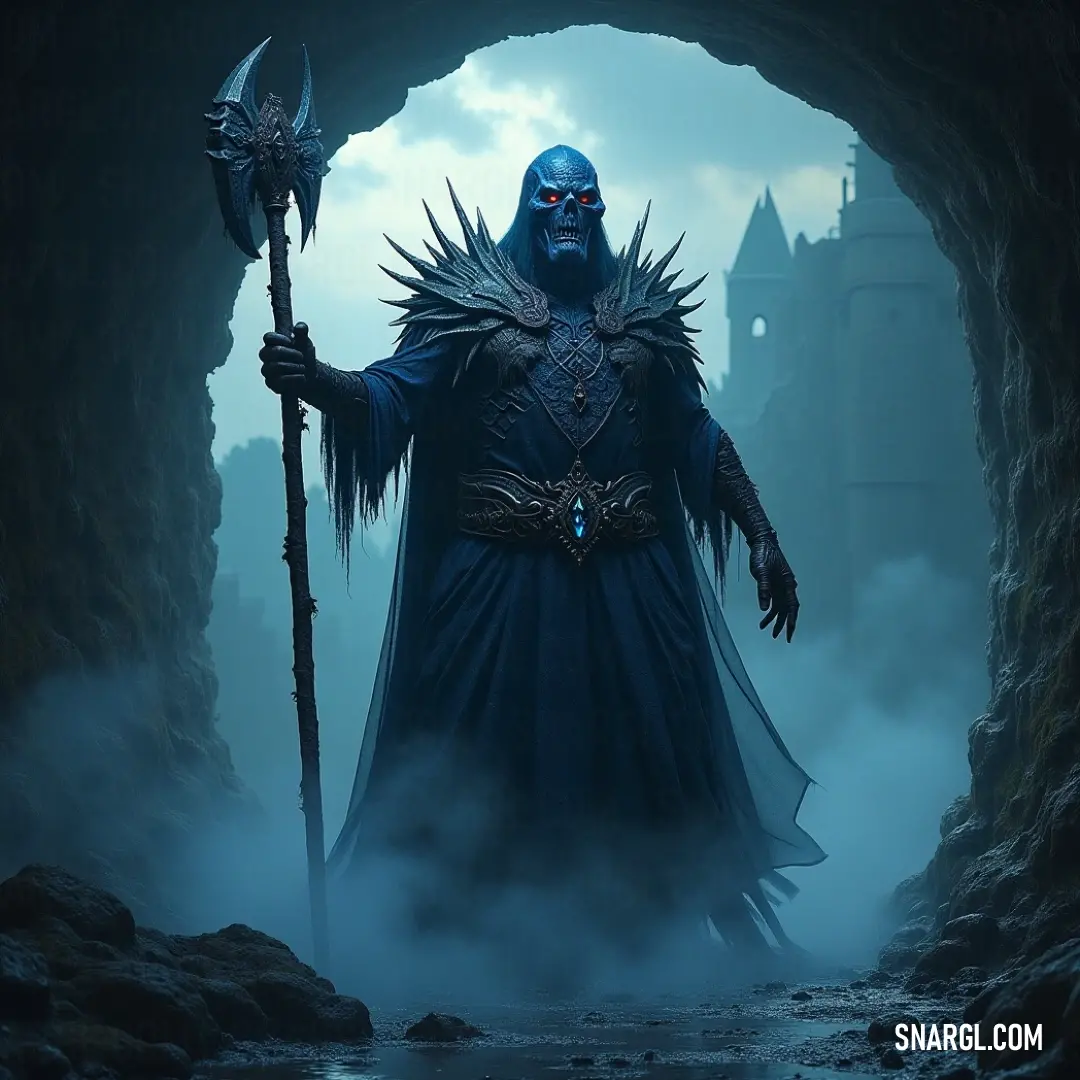 A man dressed in a blue outfit stands in a smoky cave, wielding a staff with intense focus. Behind him, a distant castle looms through the fog, creating a sense of adventure and hidden secrets.