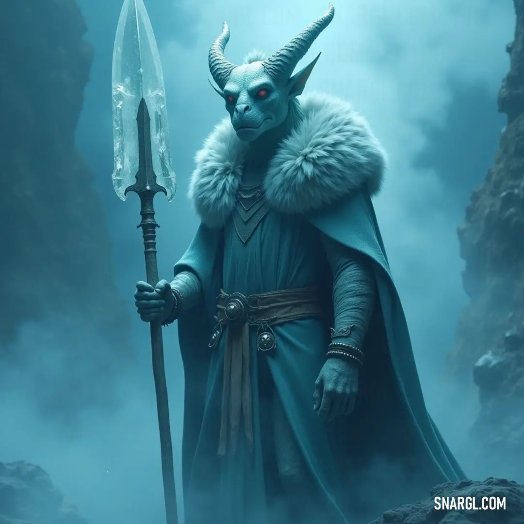 A warrior in a blue outfit stands tall, holding a long horned sword and the severed head of a monstrous creature. The intricate details of his outfit and the menacing horns make this an image of power and battle.