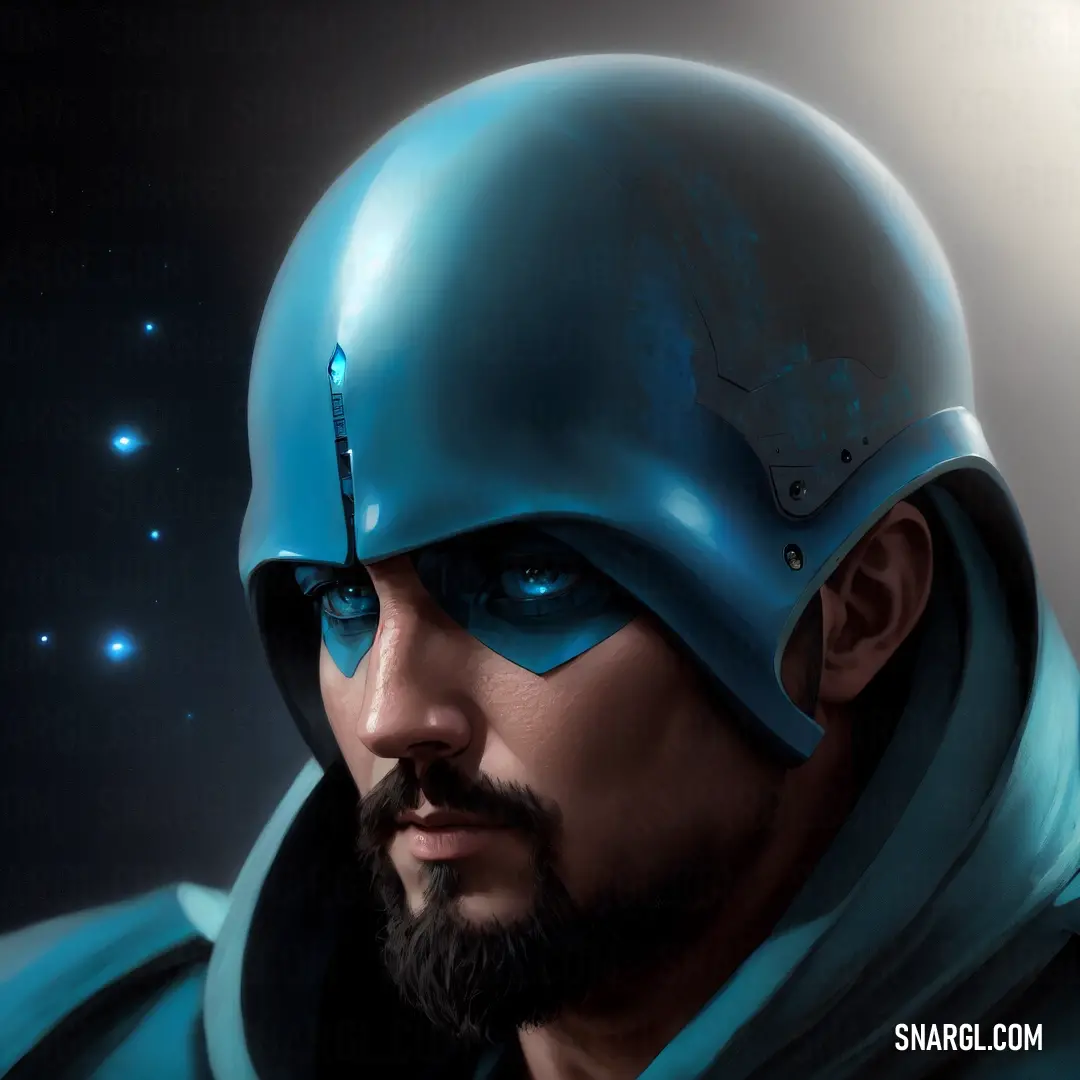 Man with a blue helmet and a beard in a space setting with stars in the background and a star - filled sky