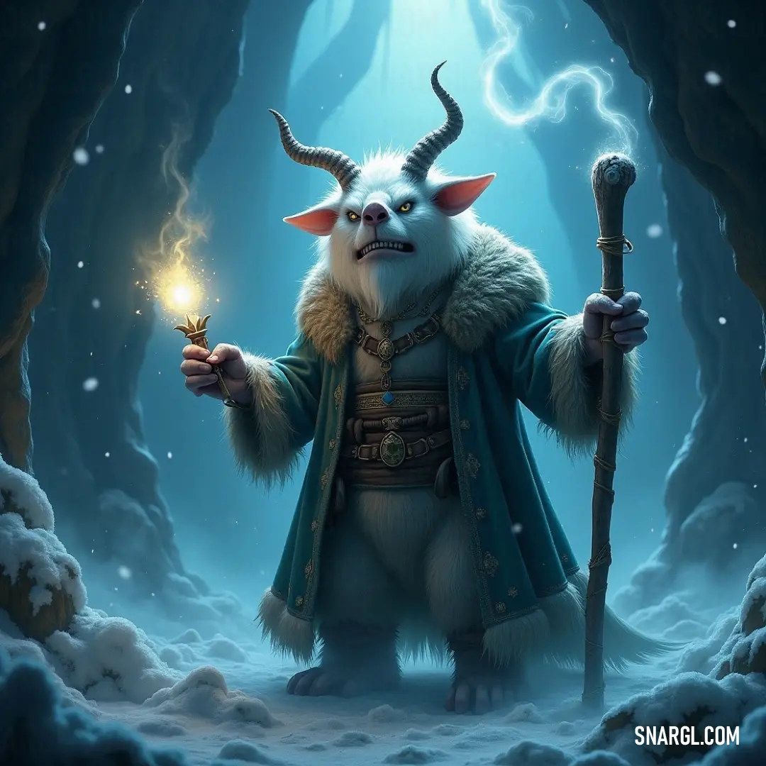 A troll with rugged features stands in a snowy cave, gripping a torch that casts a warm glow against the icy walls. The cerulean blue hue fills the scene, highlighting the eerie yet mystical ambiance of this frozen underground lair.