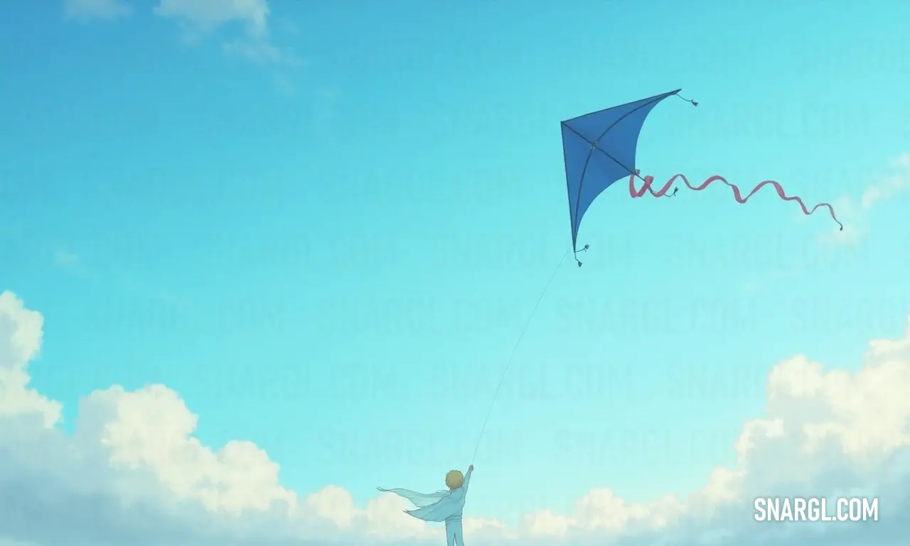 A joyful scene unfolds as a child lifts a vibrant kite into the azure sky, its tail dancing in the wind. The carefree spirit of childhood is captured in this moment, combining the joy of flight with the serenity of nature.