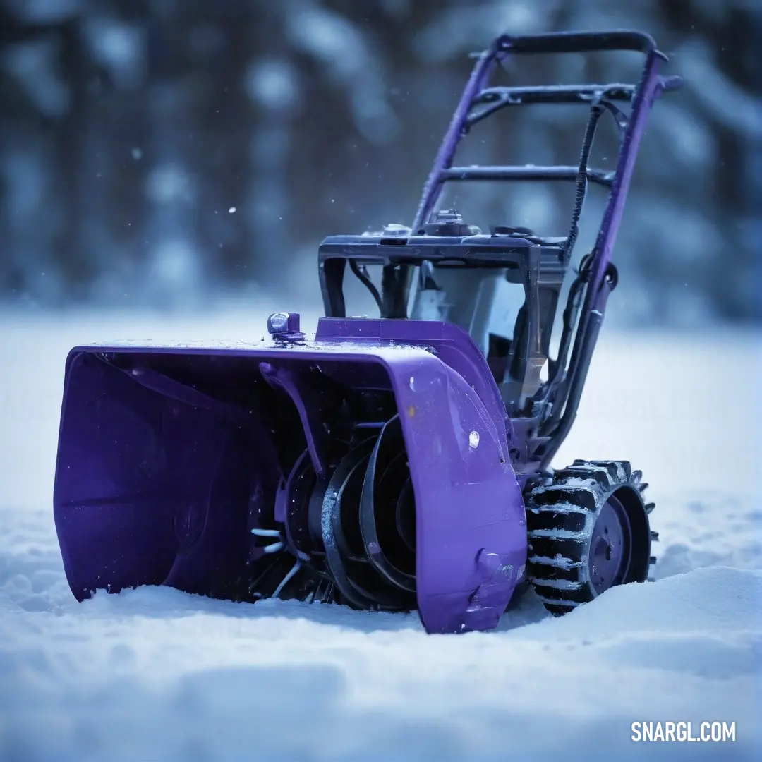 A captivating purple snow blower stands valiantly against a picturesque snowy landscape, amidst serene trees and snow, evoking a feeling of winter's serene beauty and utility.