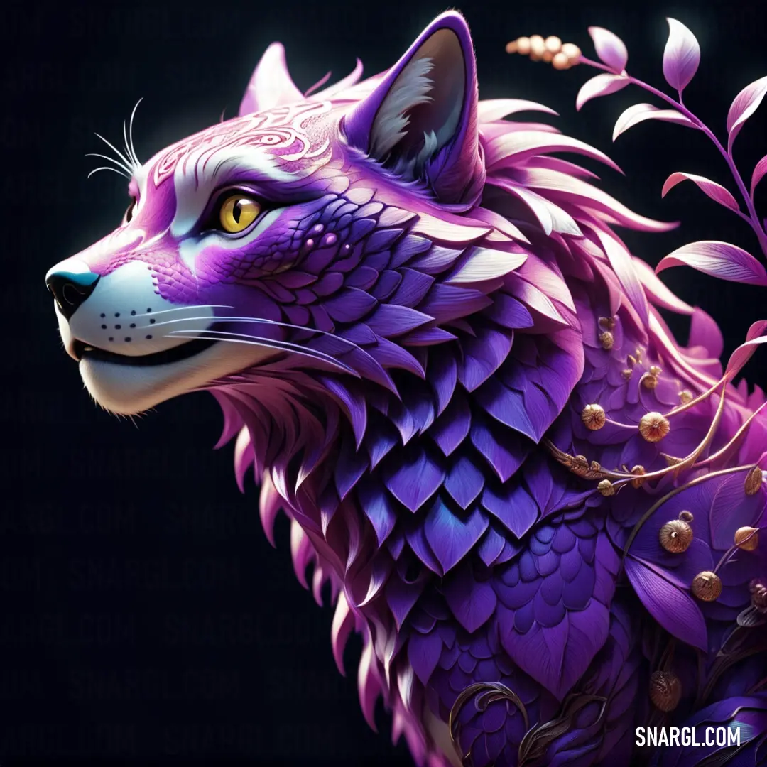 A regal purple wolf dons a charming crown and delicately holds a flower in its mouth, set against a dramatic black background that highlights its majestic presence and captivating allure.