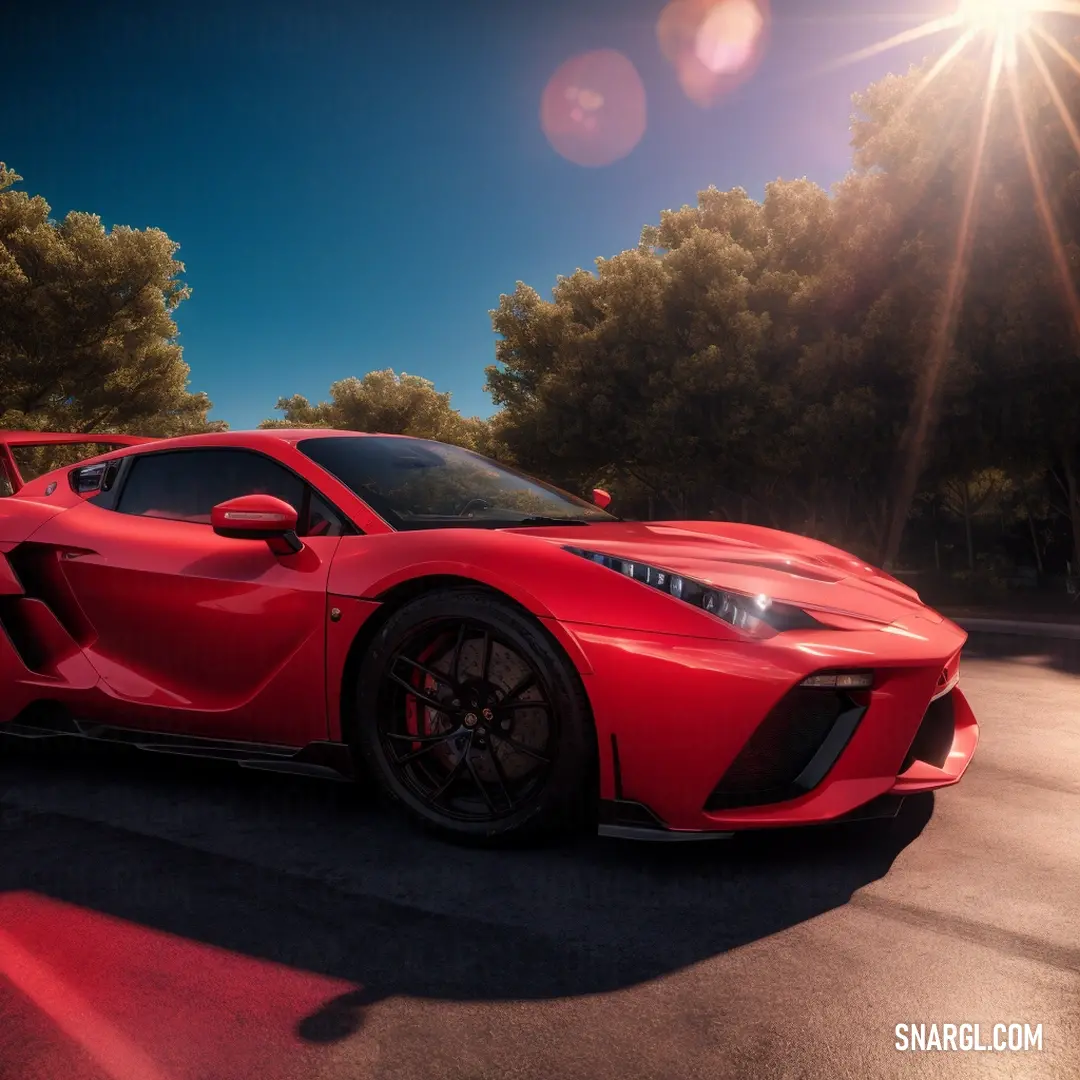 A cerulean blue sky forms the perfect backdrop as a sleek red sports car is parked on a street lined with trees. The soft flare of sunlight adds a touch of drama to the scene, showcasing the car in its vibrant surroundings.