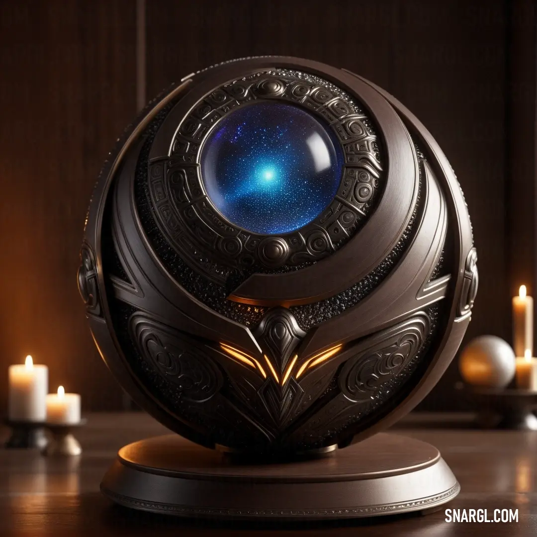 A glowing sphere filled with blue light sits elegantly on a table, surrounded by flickering candles. A wooden wall in the background adds a rustic touch to the tranquil, illuminated scene.